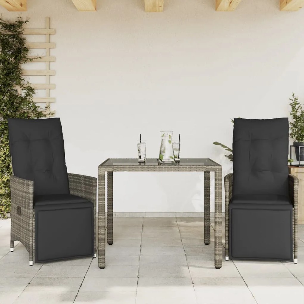 Set Bistrò Da Giardino 3 Pz Con Cuscini İn Polyrattan Grigio /