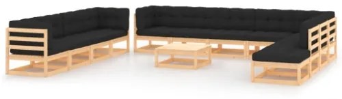 Set Divani da Giardino 13 pz con Cuscini Antracite Legno Pino