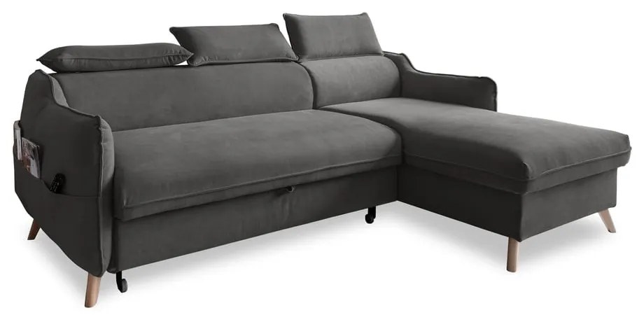 Divano letto angolare in velluto grigio scuro (angolo destro) Sweet Harmony - Miuform