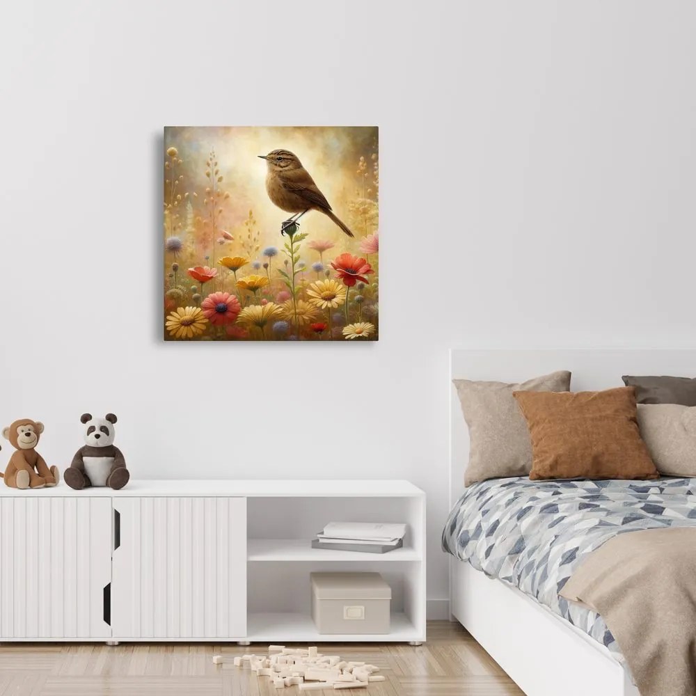 Quadro su tela – Uccellino tra i fiori del prato