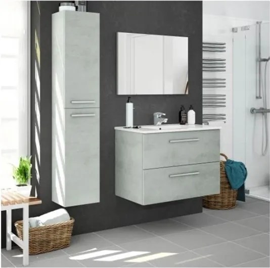 Mobile bagno sospeso 80 cm con colonna, lavabo e specchio color cemento - Aruba 99134