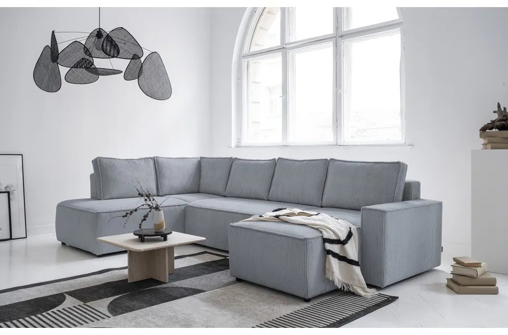 Divano letto angolare in velluto a coste grigio chiaro Brave Dave - Miuform