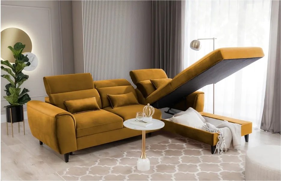 Divano angolare giallo allungabile/con contenitore (con penisola a destra/con chaise lounge) e rivestimento in velluto Foble – ELTAP