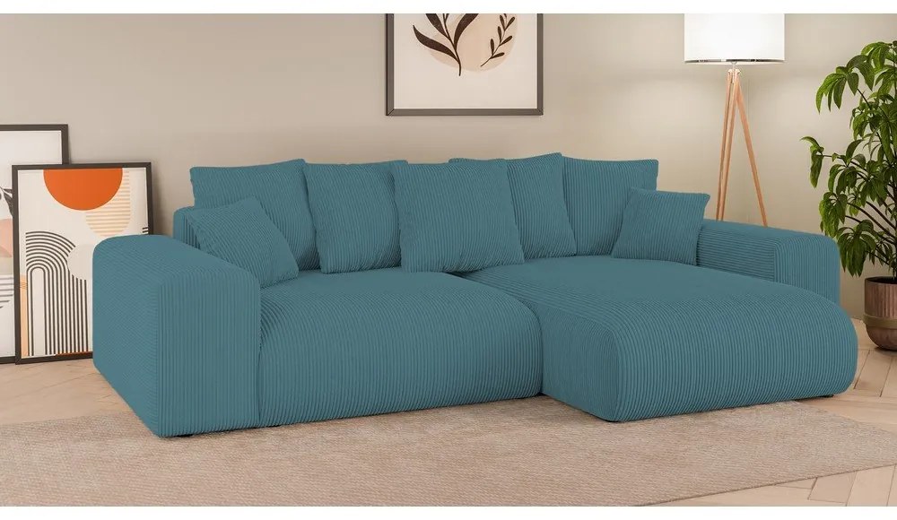 Divano angolare turchese allungabile/con contenitore con rivestimento in velluto a coste Luma – Ropez