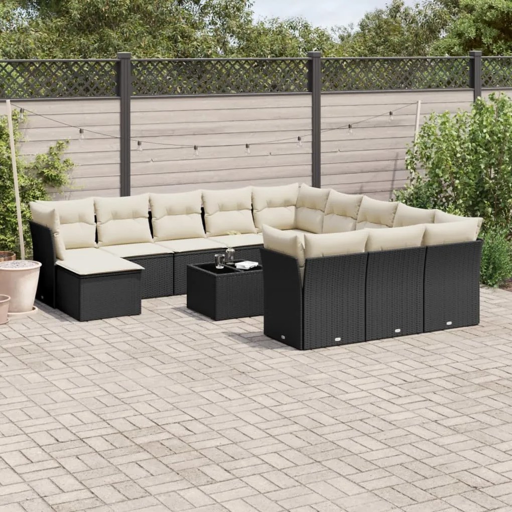 Set divani da giardino 13pz con cuscini nero in polyrattan