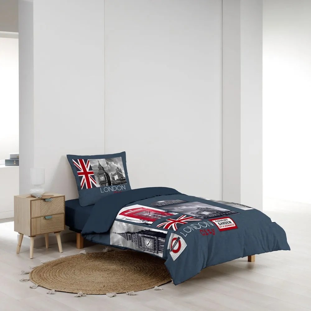 Set copripiumino e federa blu scuro in cotone per letto singolo 140x200 cm City London – douceur d'intérieur