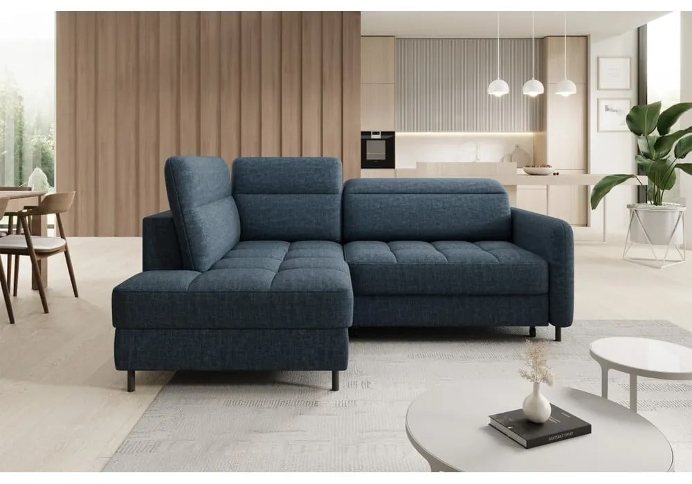 Divano angolare blu allungabile/con contenitore (con penisola a sinistra/a L) e rivestimento in velluto Barea – ELTAP