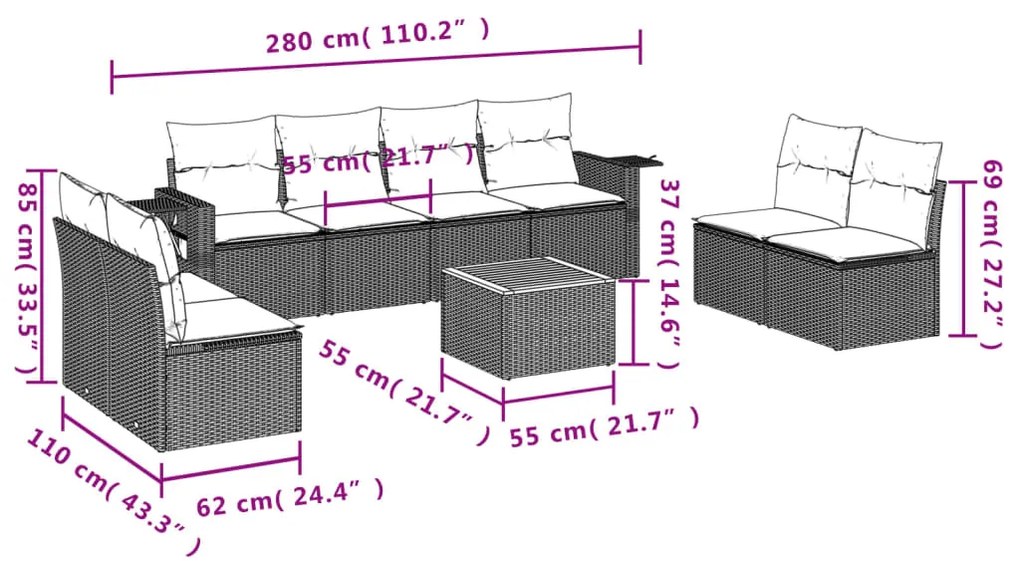 Set divano da giardino 9 pz con cuscini grigio in polyrattan