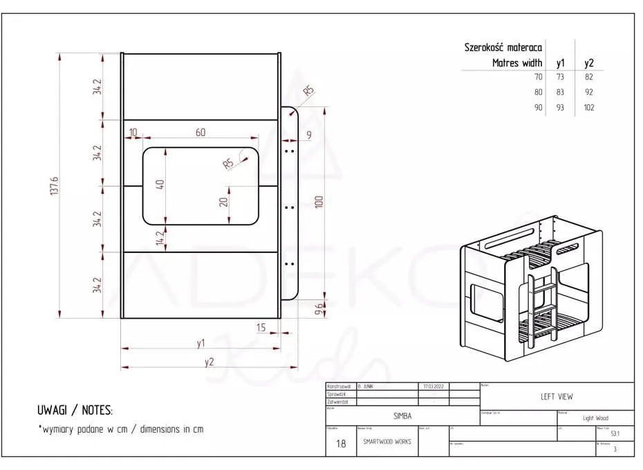 Letto a castello per bambini 70x140 cm Simba - Adeko
