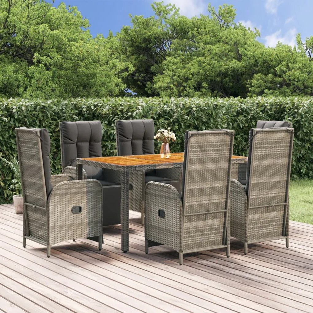 Set Da Pranzo Da Giardino 7 Pz Con Cuscini İn Polyrattan Grigio /