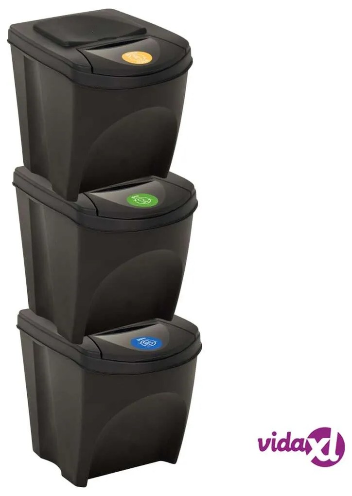 vidaXL Cestini per Rifiuti Impilabili 3 pz Antracite 75 L