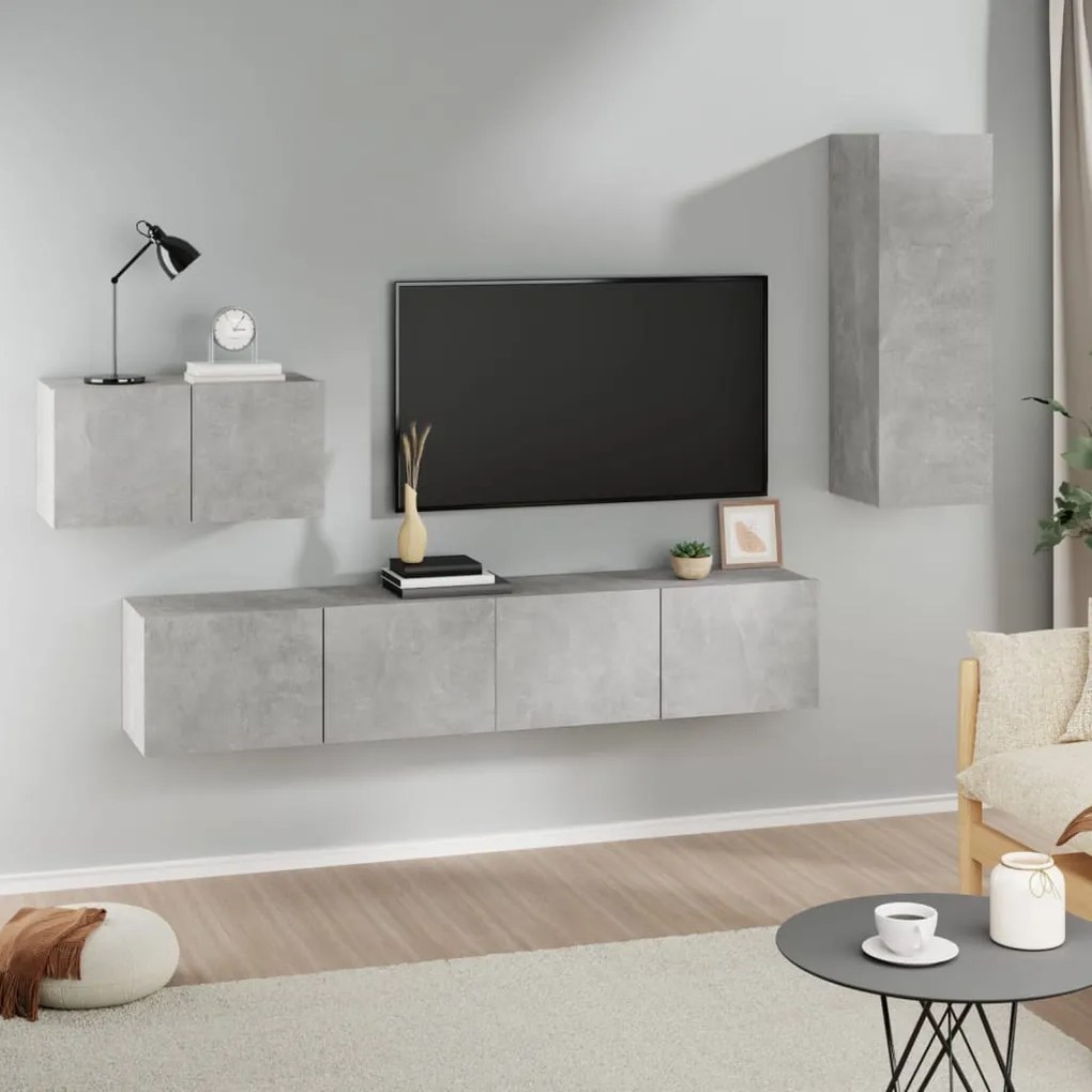 Set Di Mobili Porta Tv 4 Pz Grigio Cemento İn Legno Multistrato /