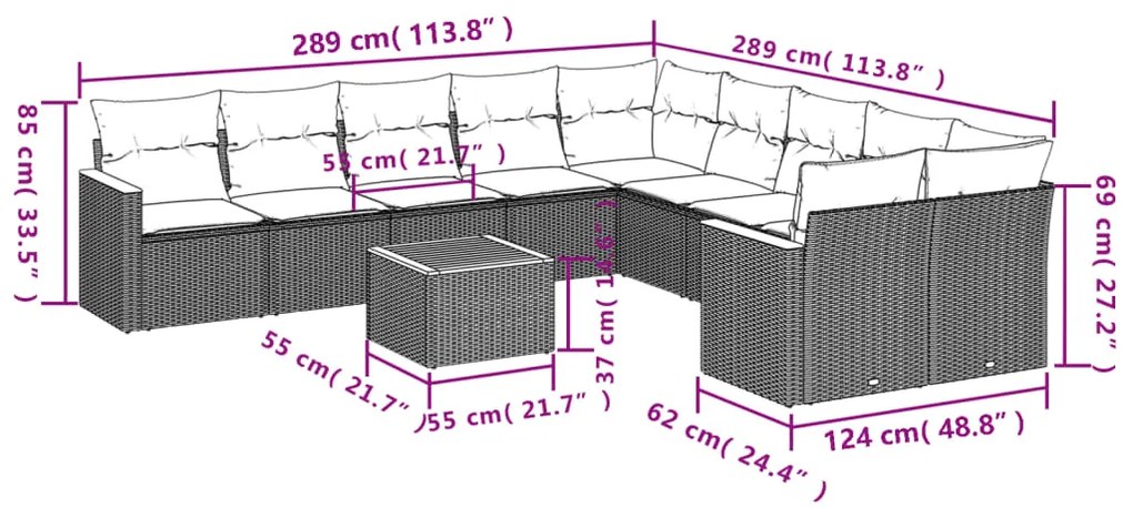 Set divani da giardino 11 pz con cuscini in polyrattan grigio