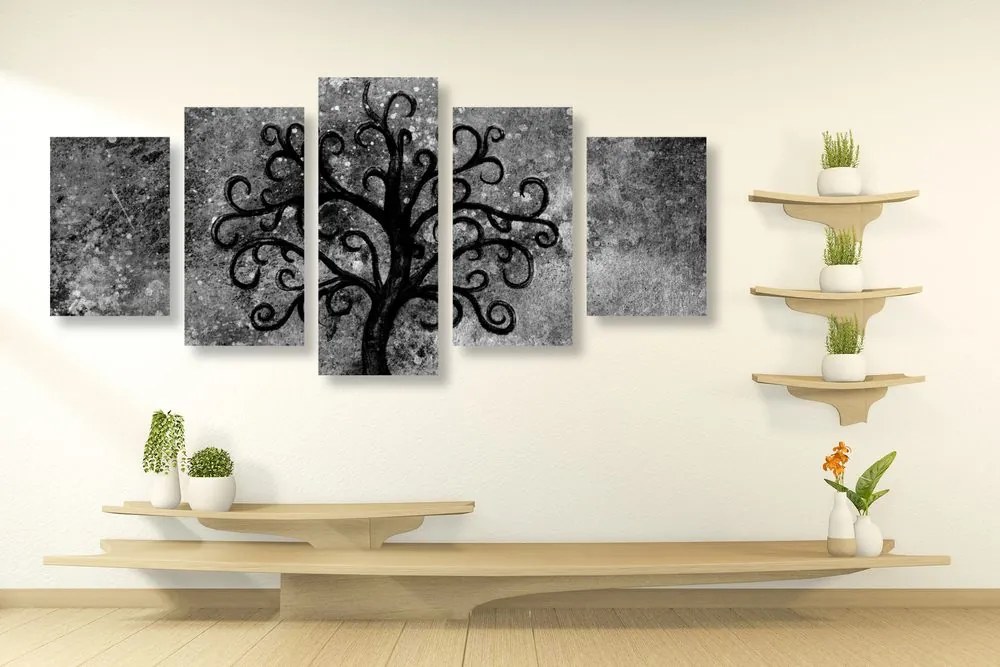 Quadri 5 pezzi – Albero della vita in bianco e nero
