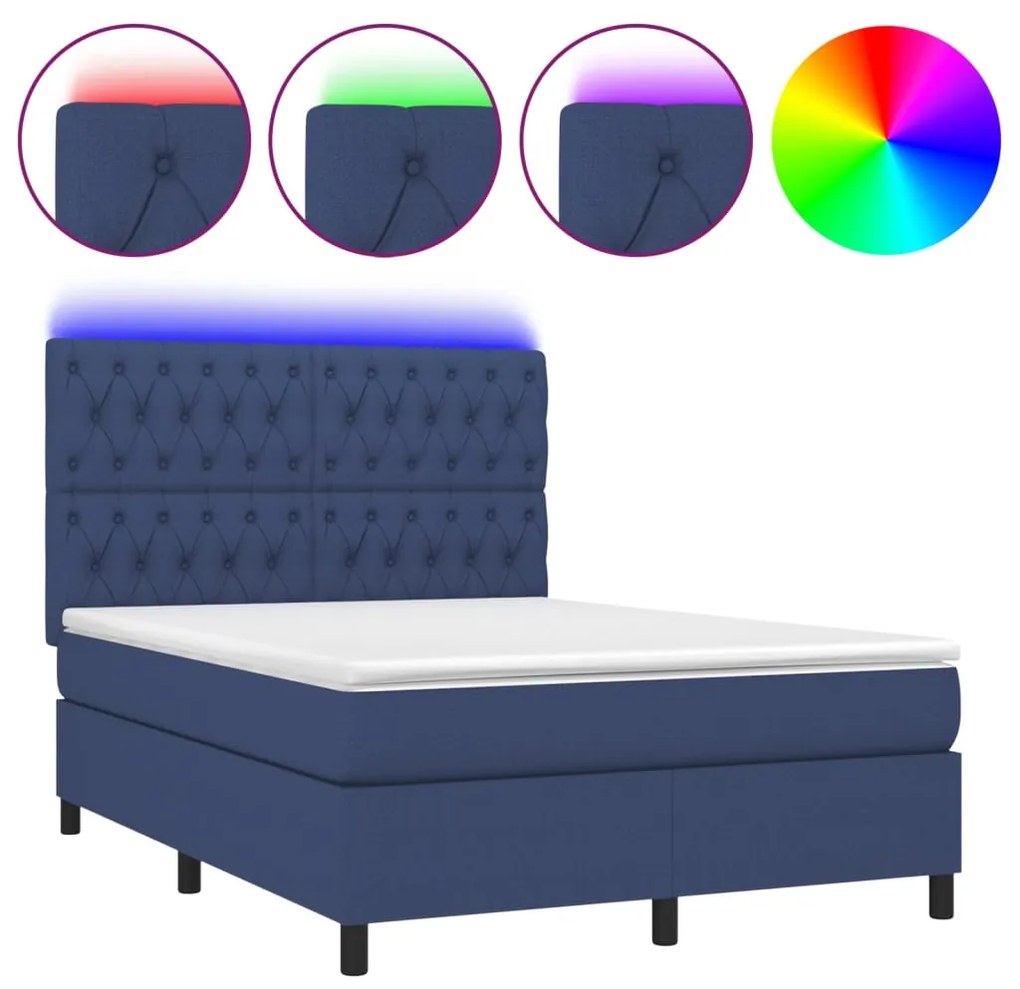 Letto a molle con materasso e led blu 140x200 cm in tessuto