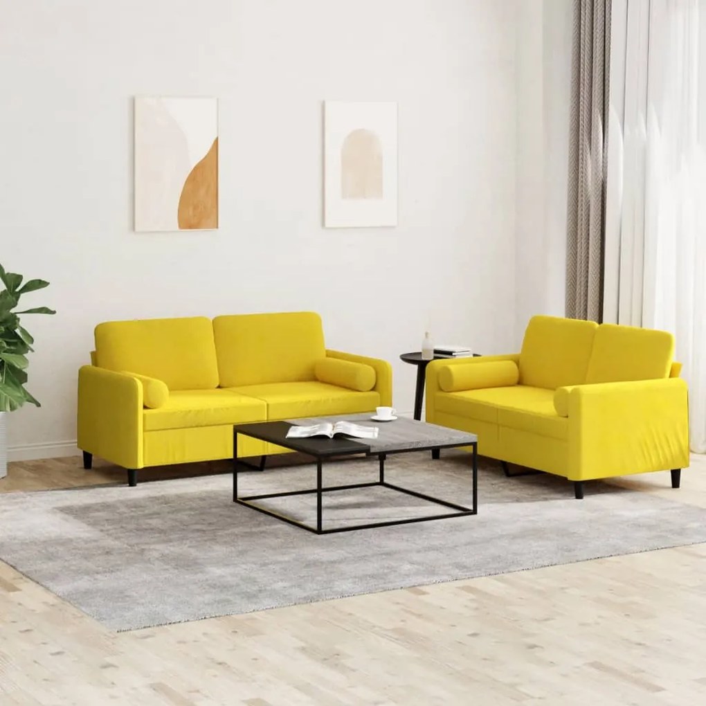 Set Di Divani 2 Pz Con Cuscini Giallo İn Velluto /
