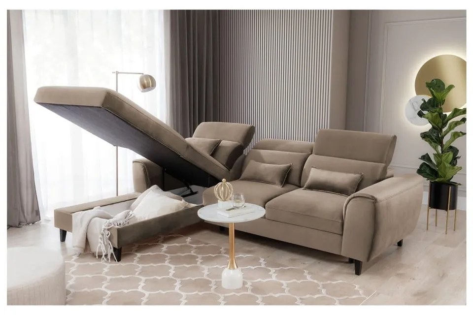 Divano angolare marrone chiaro allungabile/con contenitore (con penisola a sinistra/con chaise lounge) e rivestimento in velluto Foble – ELTAP