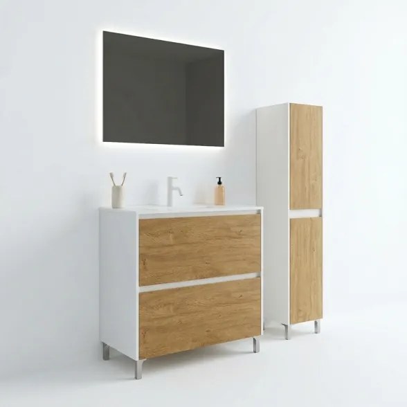 Mobile Bagno Lisbona 2 Cassetti 100 Cm Bianco Lucido Rovere Naturale