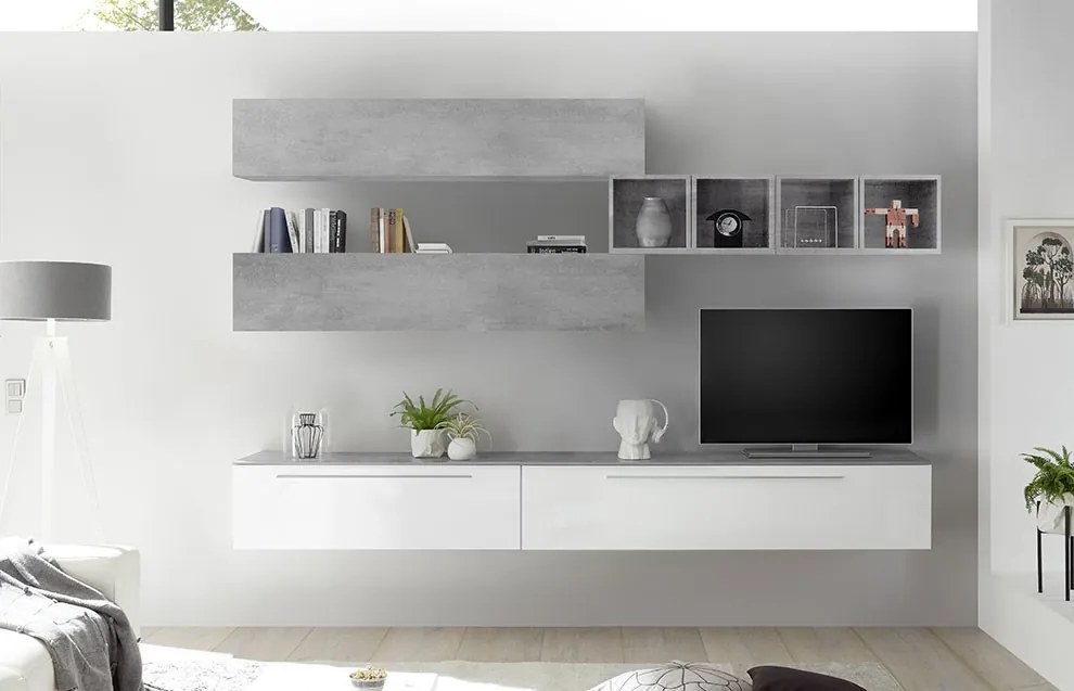 Soggiorno Zenzero moderno, parete attrezzata bianco lucido e beton con top cemento