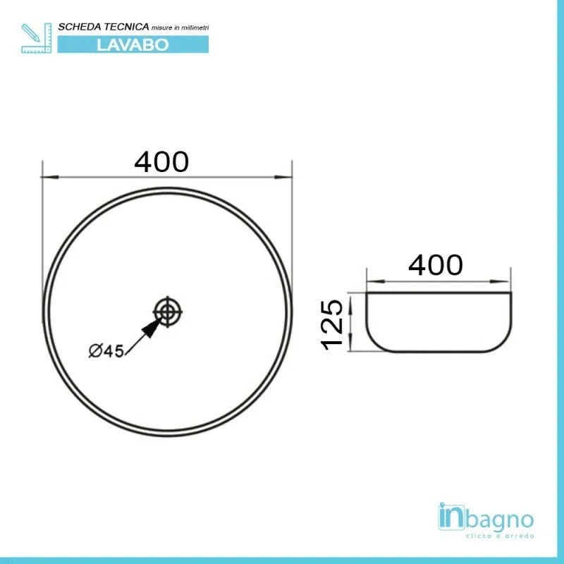 Lavandino da appoggio 40 cm design tondo in ceramica bianco opaco