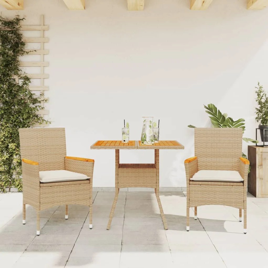 Set Pranzo Da Giardino 3 Pz Con Cuscini Beige Polyrattan Acacia /