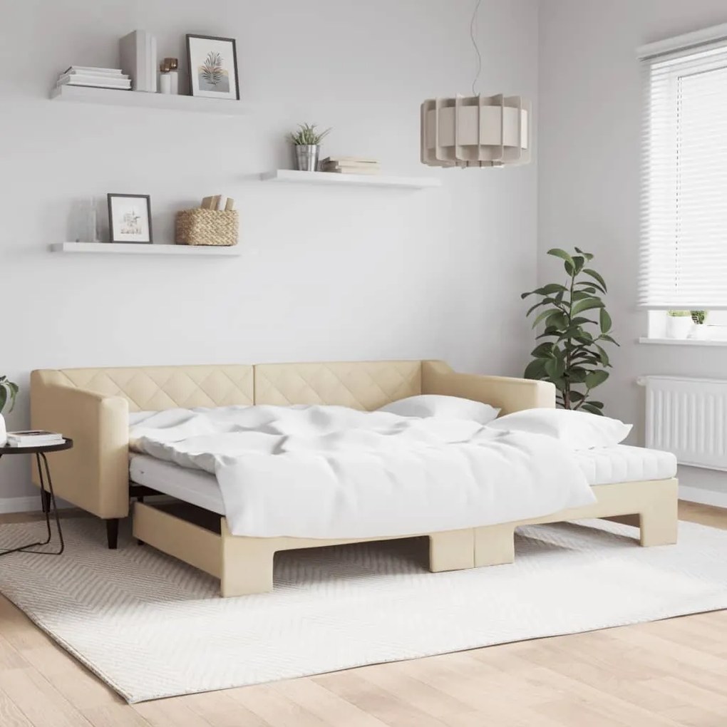Divano Letto Estraibile Con Materassi Crema 100x200 Cm Tessuto /