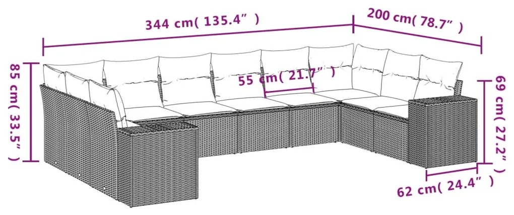 Set Divano da Giardino 10 pz con Cuscini Grigio in Polyrattan