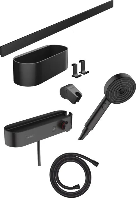 Kit Doccia 7pz con miscelatore a mensola doccetta 3jet cestino Appendiabiti barra Supporto nero Opaco Hansgrohe Wallstoris 24250670