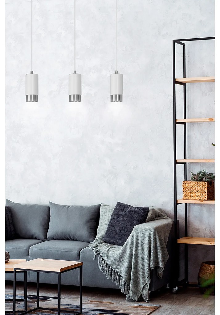 Lampadario 3 Luci Ivar Con Cilindri In Acciaio Bianco E Cromo