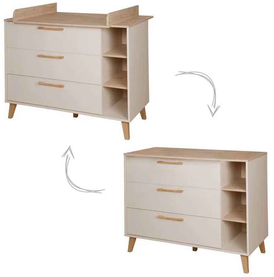 Cassettiera per bambini color crema/di colore naturale con effetto rovere con fasciatoio 117x103x78 cm Jil – Roba