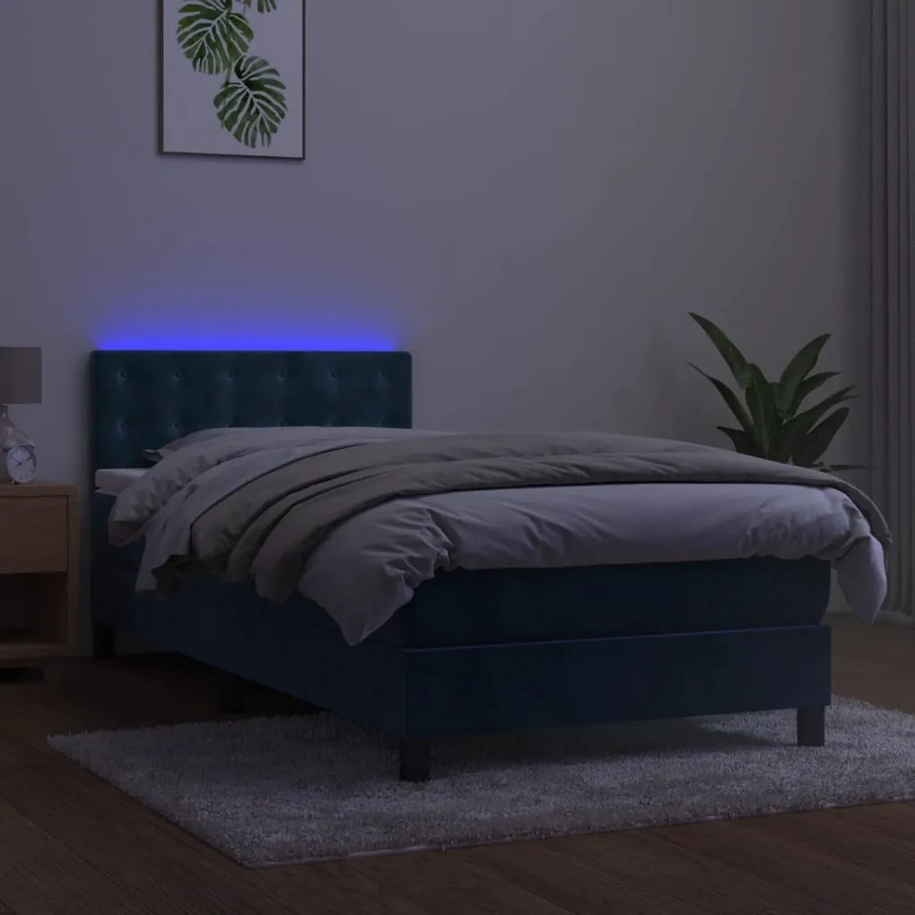 Letto a molle con materasso e led blu scuro 80x200cm in velluto