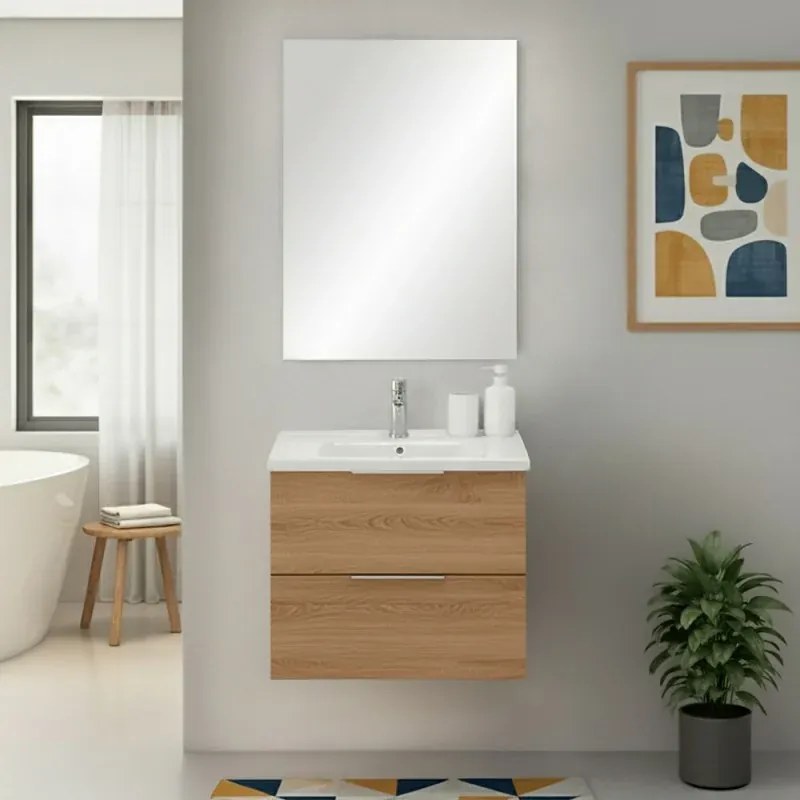 Mobile bagno sospeso 60cm rovere con cassetti lavabo e specchio Elva