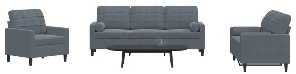 Set Di Divani 3 Pz Con Cuscini E Rinforzi Grigio Scuro Velluto /