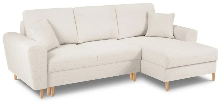 Divano angolare beige allungabile e con contenitore (con penisola a destra/con chaise lounge) con rivestimento in bouclé Kyoto – Cosmopolitan Design