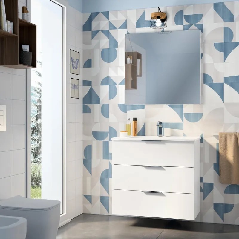 Mobile bagno sospeso con lavabo L 80 x H 72 x P 45 cm bianco lucido 3 cassetti per vasca centrale Jnka