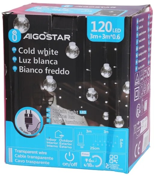 Aigostar - Catena LED natalizia da esterno 120 LED/6 W/230 V/8 funzioni 3x0,6 m IP44 bianco freddo + telecomando