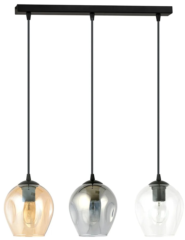 Lampadario 3 Luci Fuxi In Acciaio Nero E Vetri Ambra, Trasparente E Fumè