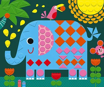 3 carte da decorare con più di 260 mosaici in schiuma et 1 libretto con istruzioni e modelli.