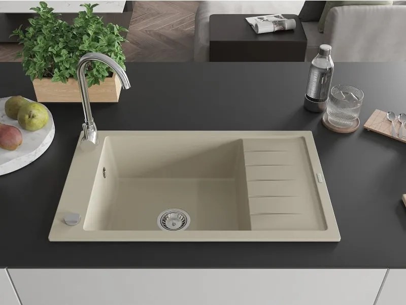 Mexen Elias lavello in granito a 1 vasca con sgocciolatoio 795 x 480 mm, beige, sifone cromato - 6511791005-69