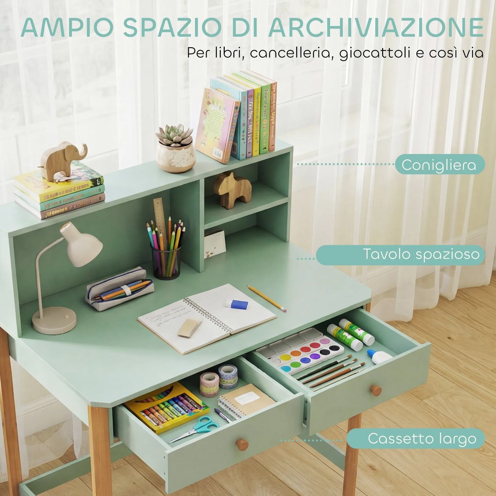Scrivania per Bambini 5-12 Anni 90x52x105 cm con 3 Ripiani e 2 Cassetti in Legno Verde...