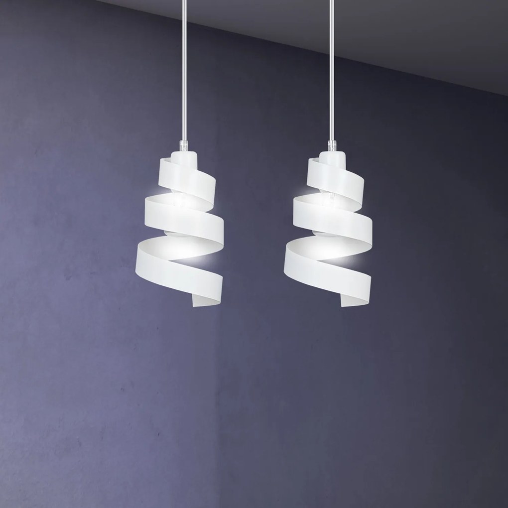 Lampadario Moderno 2 Luci Tristano In Acciaio Bianco Con Fasce A Spirale
