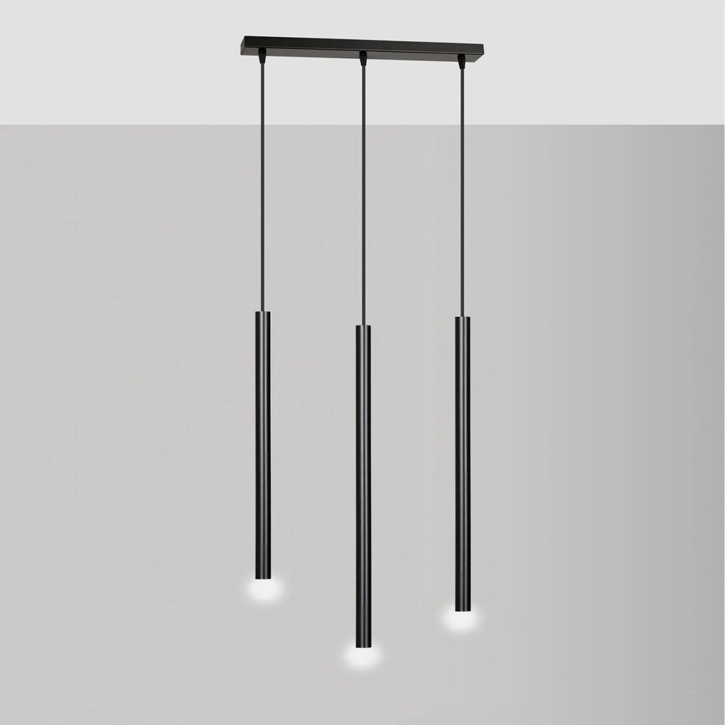 Lampadario 3 Luci Moderno Shu Acciaio Nero E Paralumi A Cilindri Sottili