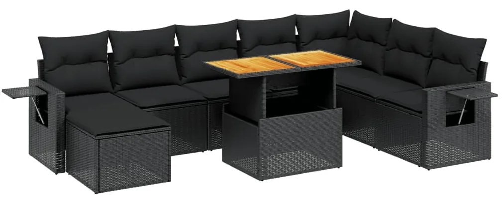 Set divani da giardino 9 pz con cuscini nero in polyrattan