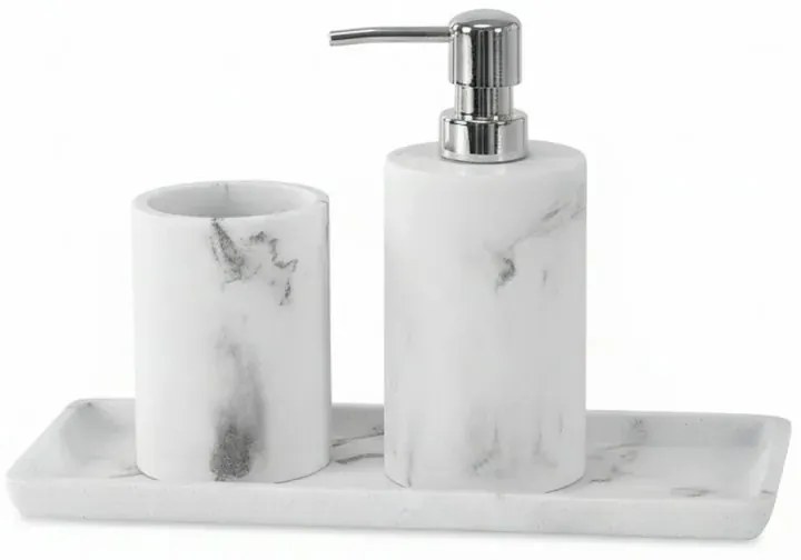 Set accessori bagno effetto marmo 3 pezzi con dispenser portaspazzolino e vassoio in resina Ivy