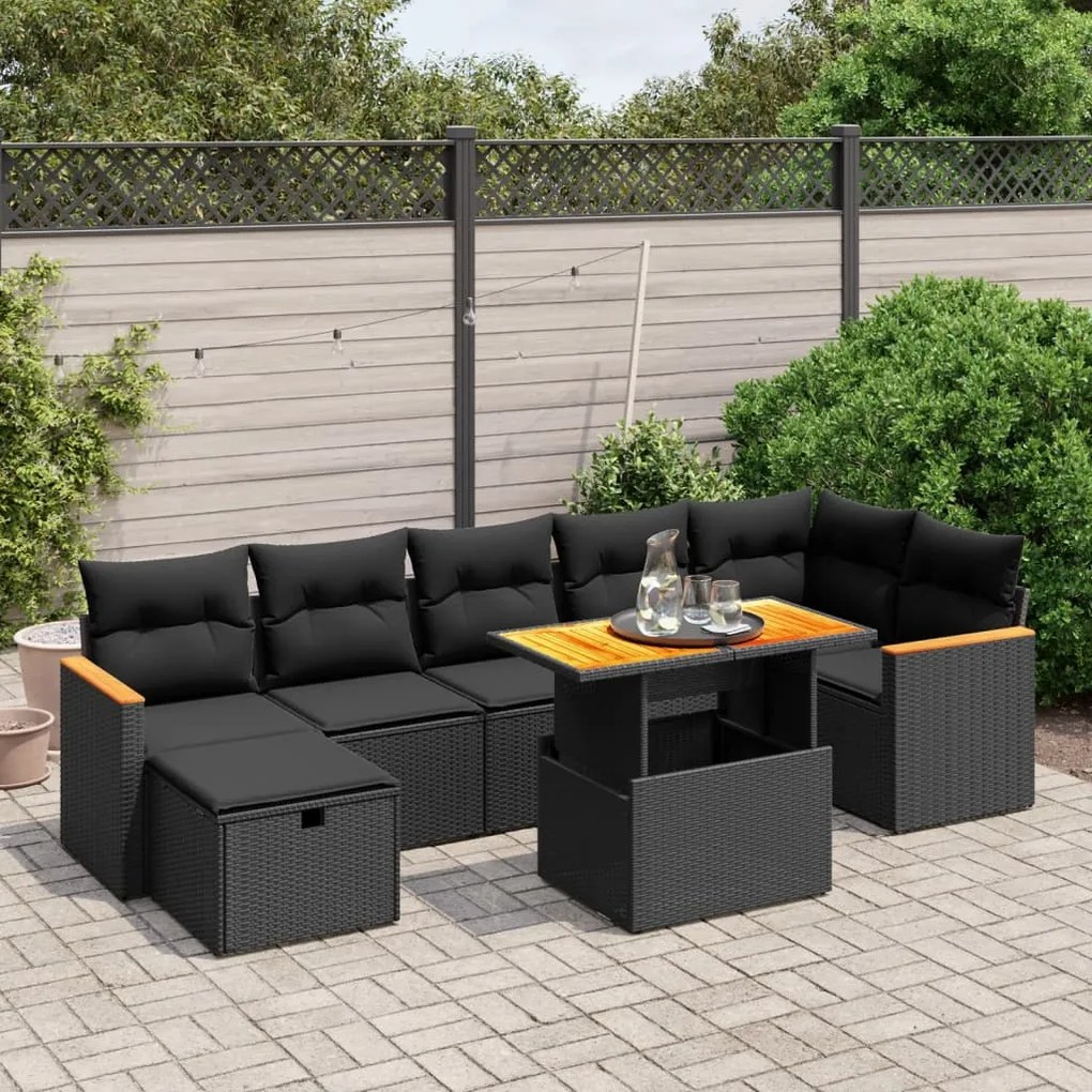 Set divani da giardino con cuscini 8 pz nero in polyrattan