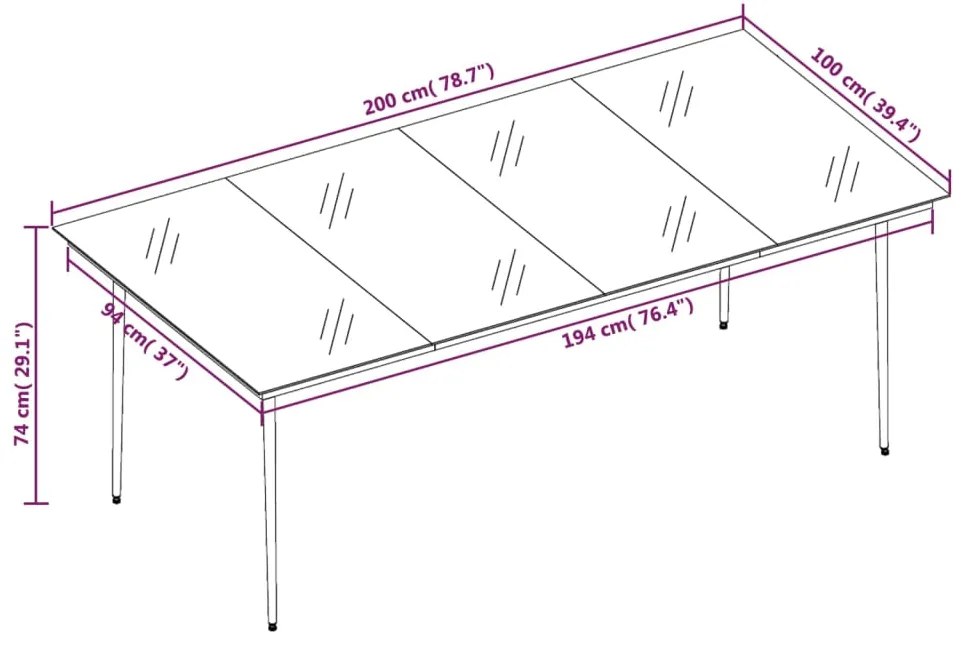 Tavolo da Pranzo da Giardino Nero 200x100x74 cm Acciaio e Vetro