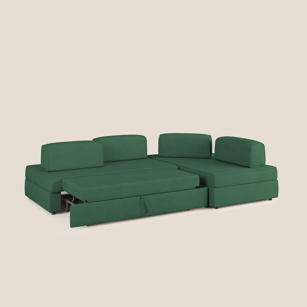 Liberty divano angolare con pouf estraibile e schienali movibili in tessuto morbido impermeabile T02 verde
