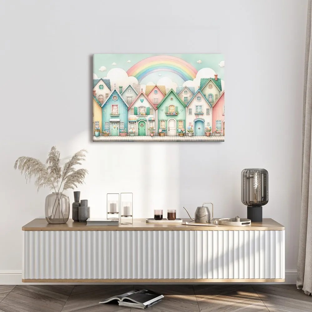 Quadro su tela – Casette pastello con arcobaleno