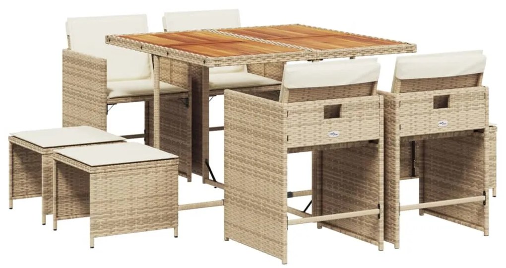 Set da pranzo da giardino 9 pz con cuscini beige in polyrattan