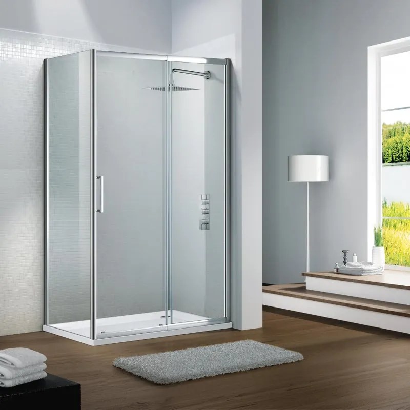 Porta doccia scorrevole L 114-120 cm x H 195 cm per nicchia in vetro trasparente SP. 6 mm, profilo lucido cromo, serie Slimline